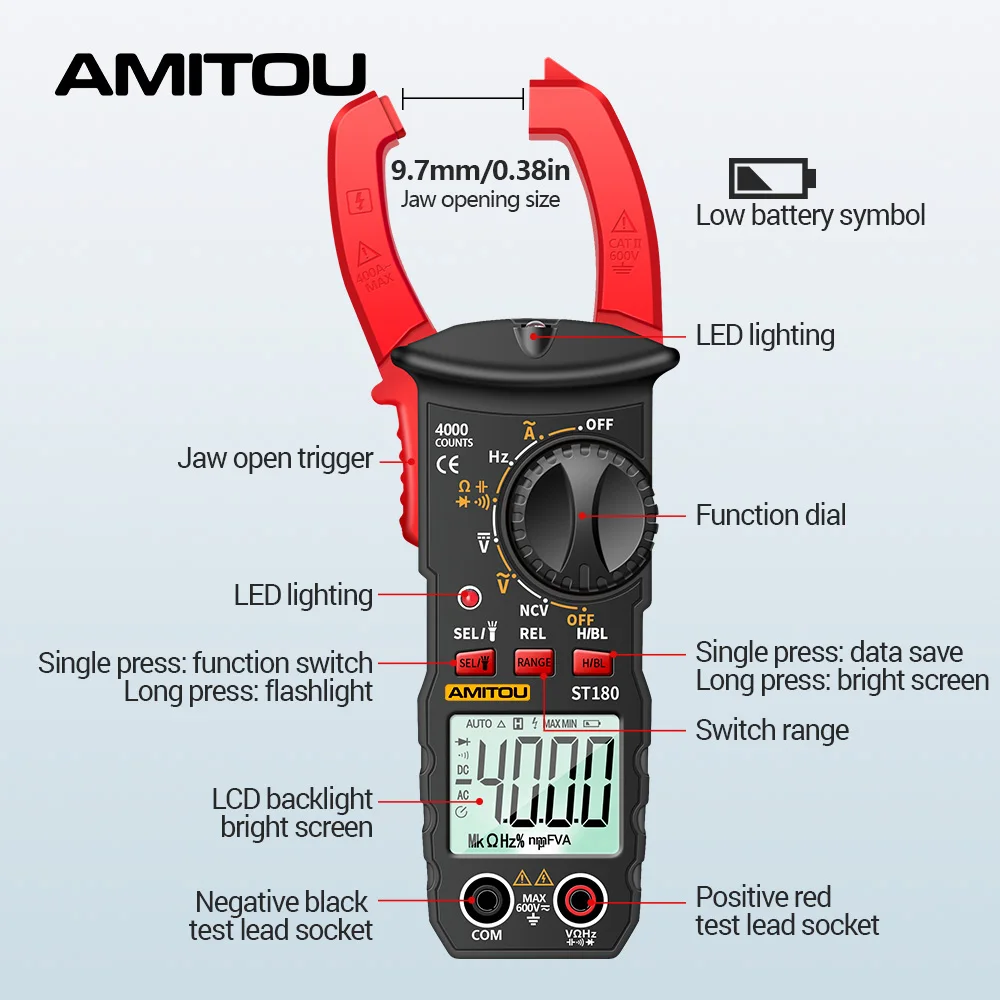 AMITOU ST180 multimetr cęgowy miernik napięcia AC/DC prąd Om 4000 zliczeń cyfrowy profesjonalny tester narzędzia dla elektryków