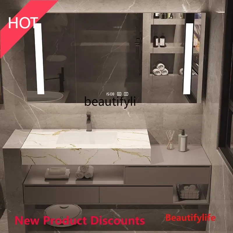 MM45 Double-layer bathroom cabinet hotel wind rock slab ceramic seamless integrated wash basin cabinet combination