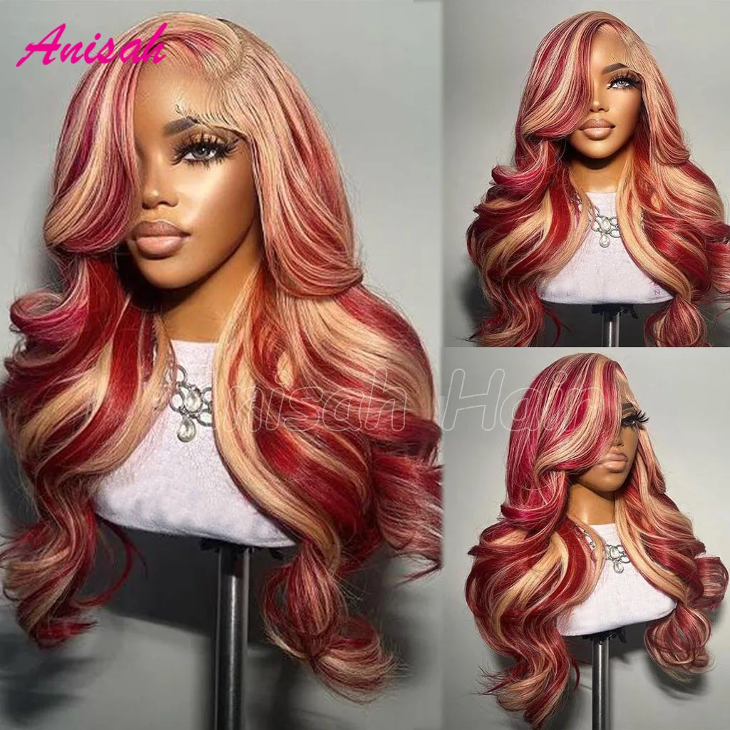 

613 Blonde and Red Highlight Colored Lace Frontal Human Hair Wigs Body Wave Transparent Lace Front Wigs for Women Pre Plucked