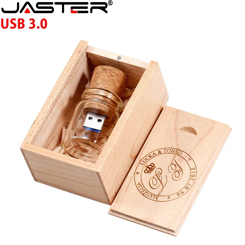 Free LOGO Wooden Box + Glass Bottle 3.0 USB Flash Drive Pen Drive Pendrive External Storage Memory Stick 8GB 16GB 32GB 64GB