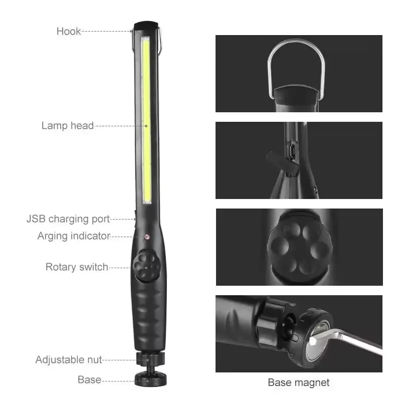 COB LED Flashlight Magnetic Work Light USB Rechargeable Torch Portable Lantern Inspection Light Camping Car Repair Lamp