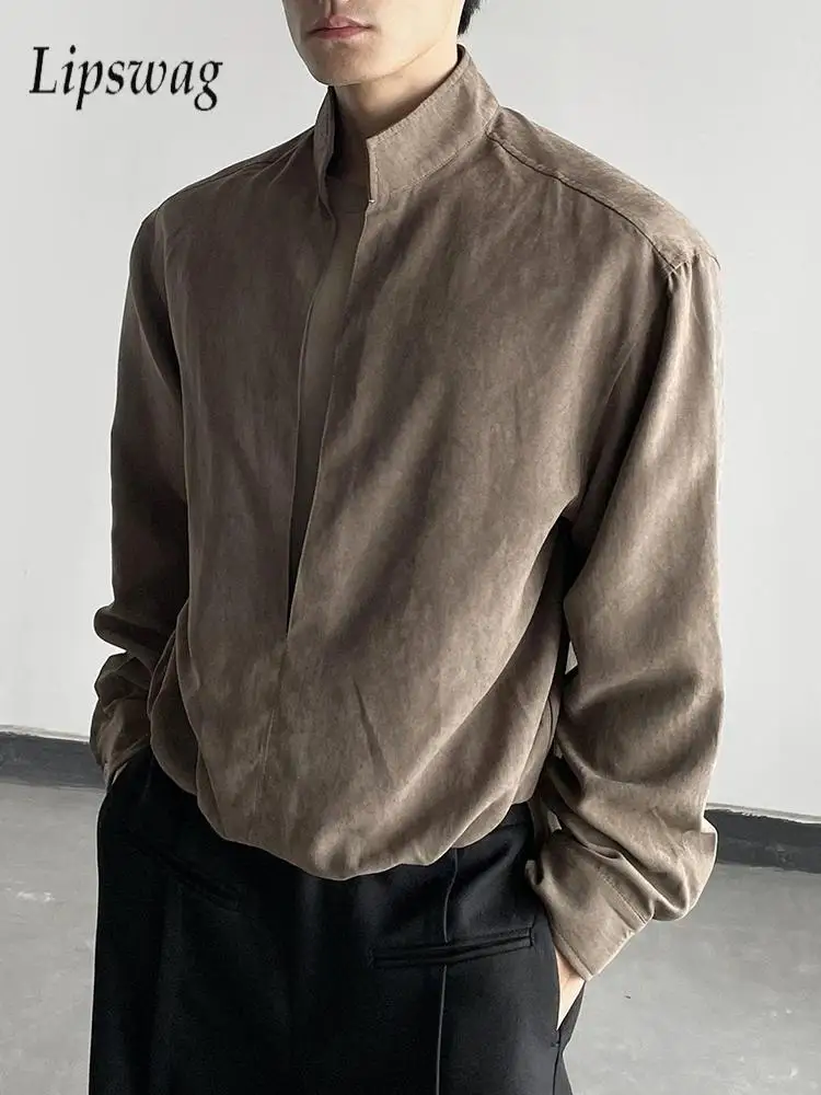 

Trendy Mens Double-layered Design Shirt Pullover 2026 Spring Casual Long Sleeve Stand Collar Shirts Men Vintage Slim Fit Shirts