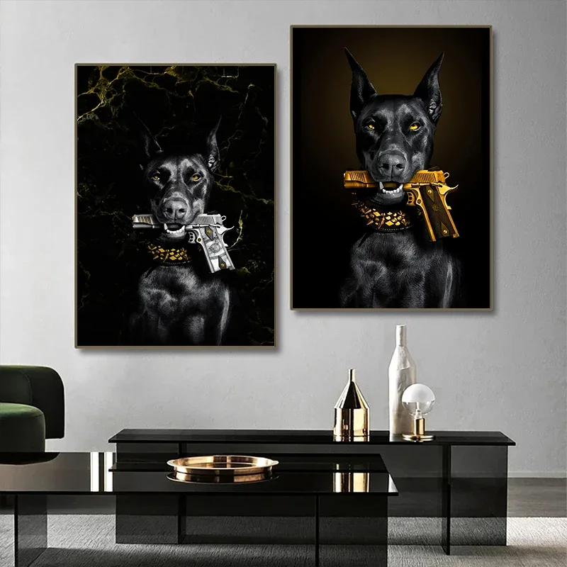 Fashion Black Doberman Dog Lion With A Pistol Poster Canvas Painting And Print Luxury Animal Wall Art HD Picture Home Room Decor