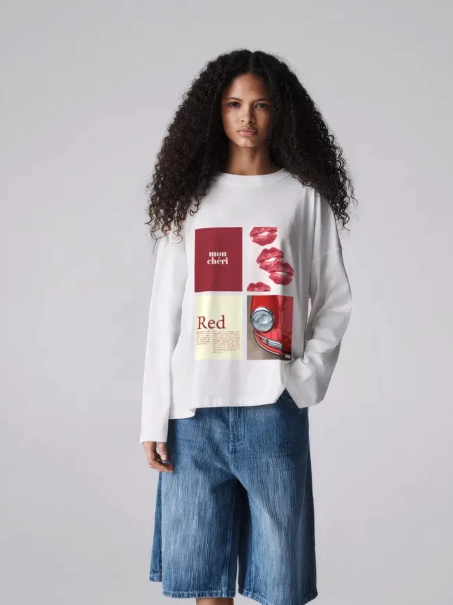 Faionable ample imprimé décontracté rond Ne Long Sve t-shirt haut femme coupe ample coton équipage Ne Sweat