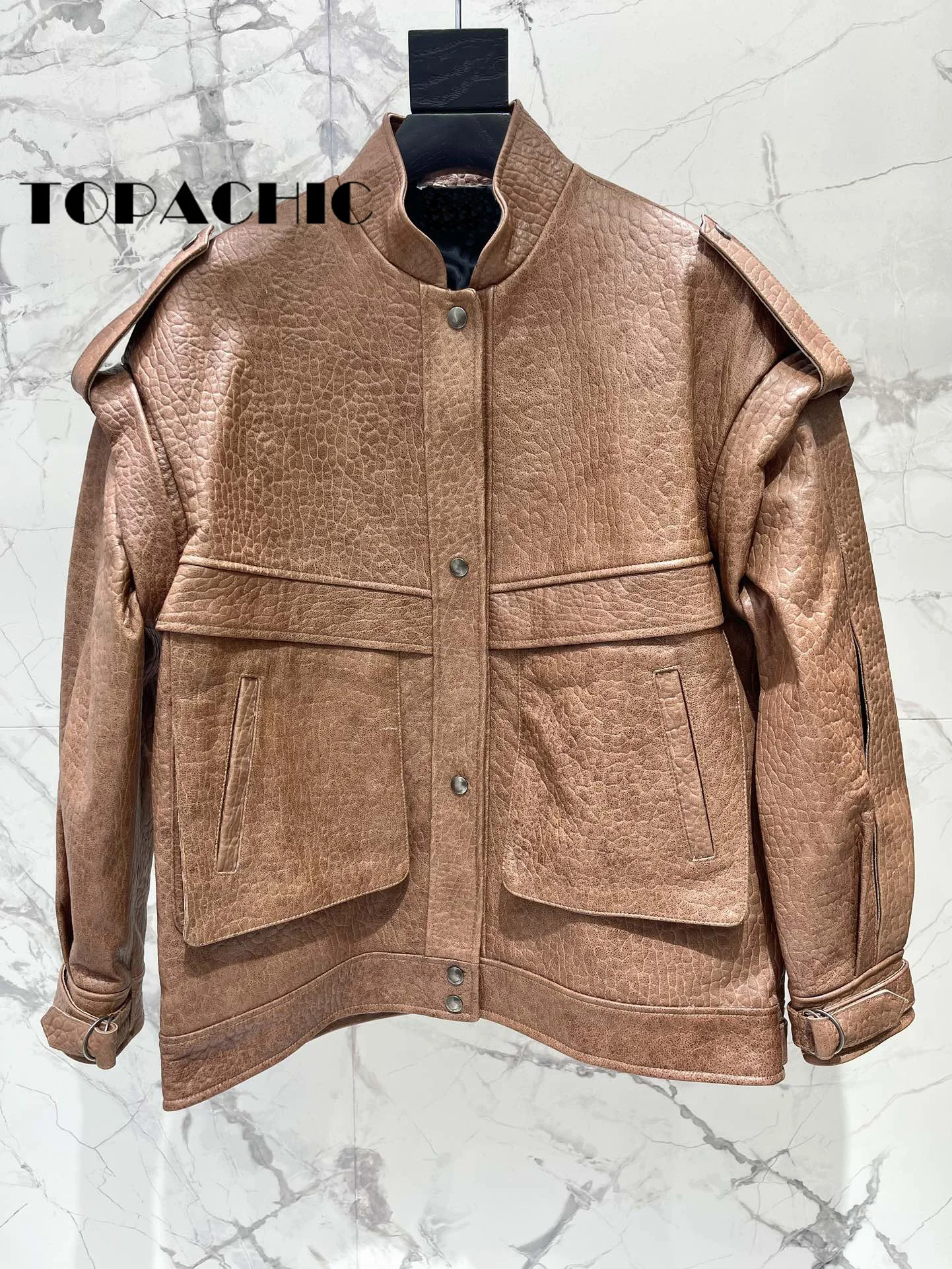 8.6 TOPACHIC Women Street Fashion Vintage Real Leather Jacket Men Women Same Epaulet Big Pocket Design Sheepskin Loose Coat