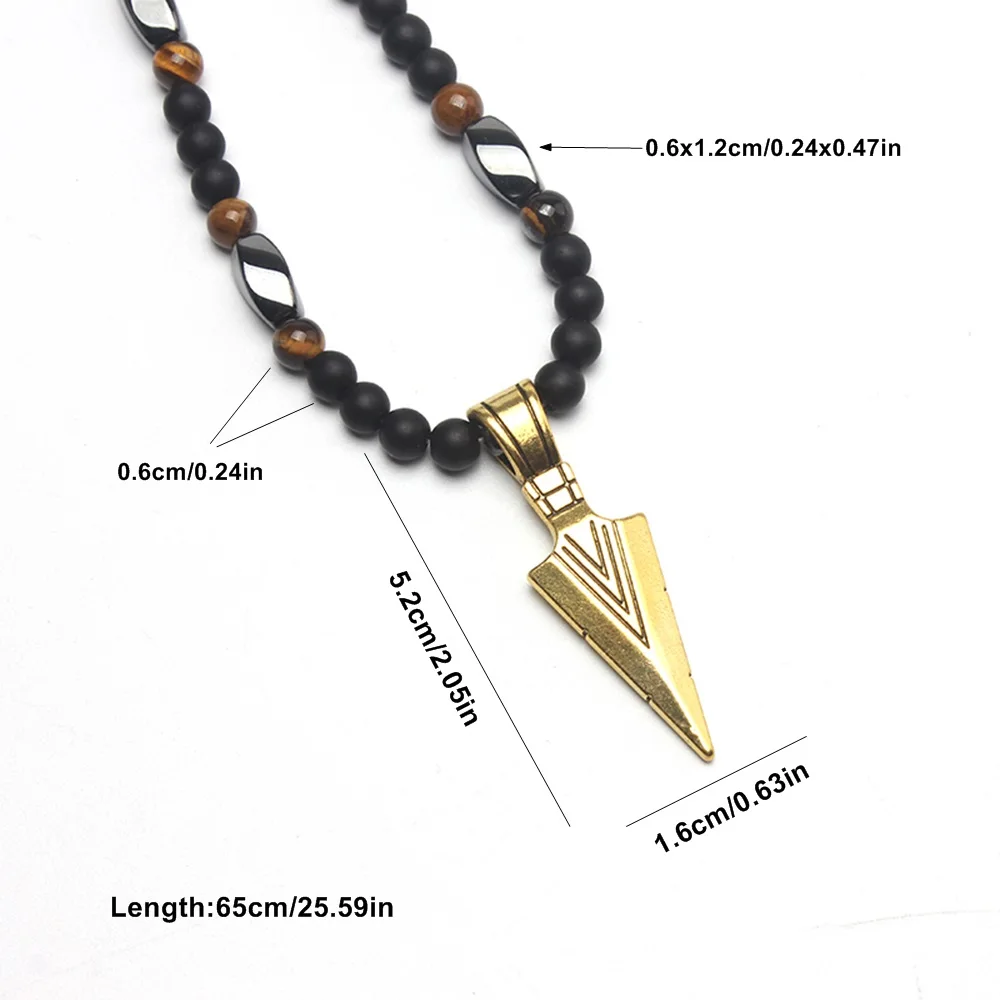 Cool 6mm Matte Black Round Beads Slivery Golden Color Arrow Pendant Necklace for Men Handmade Jewelry Gift