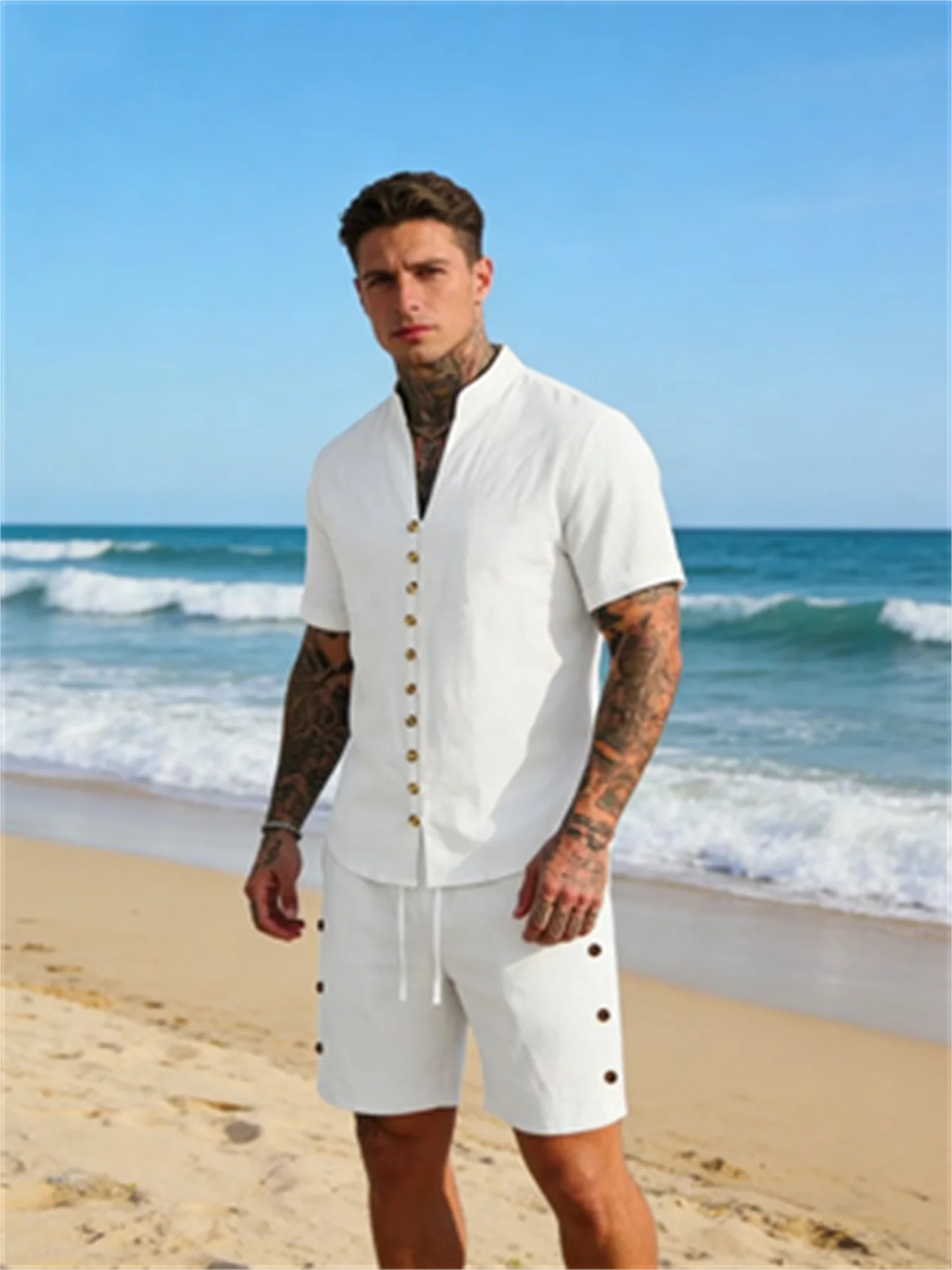 

Summer Men's Short Sleeve Shirts Shorts Sets Men Shirts Casual Cotton Linen Sets Beach Blouses Man Suit