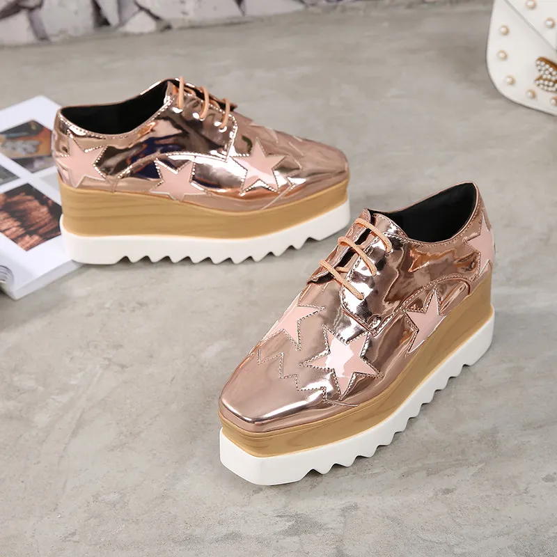 Chunky Sneakers Women Retro Running Stars Shoes Fashion Casual Pig Leather Square Toe Height Increased Platform Shoes