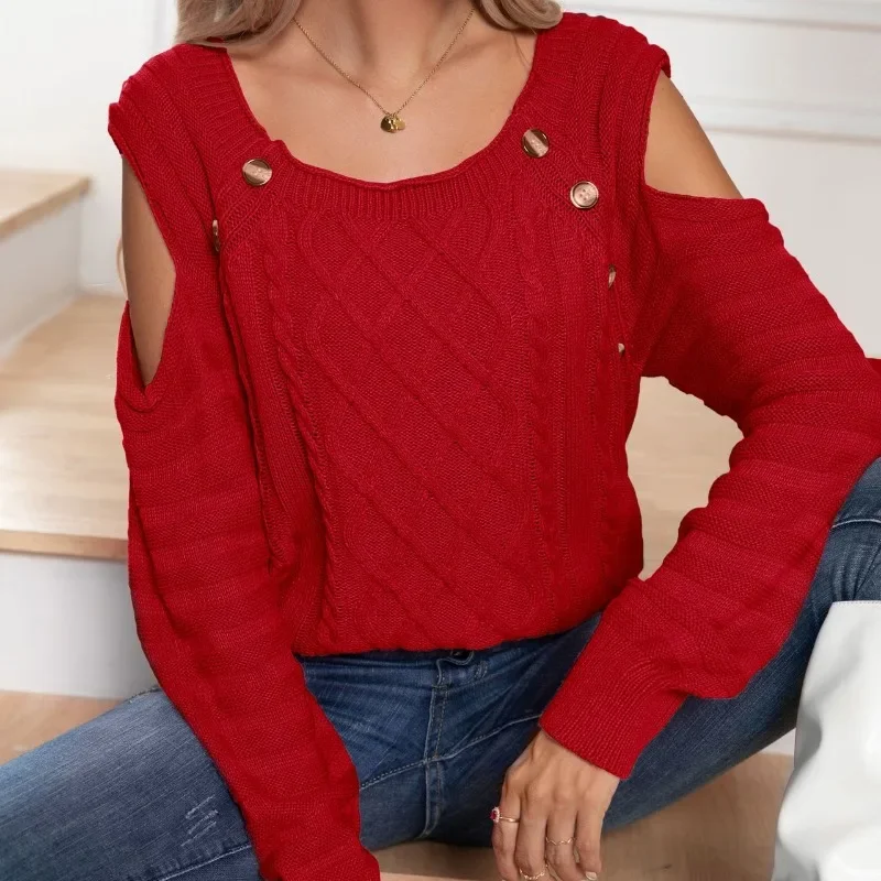 Sweter Rajut Warna Solid Musim Gugur Musim Dingin, Kerah Bulat Kancing, Model Off Shoulder Lengan Panjang, Pullover Wanita, Mantel Elegan