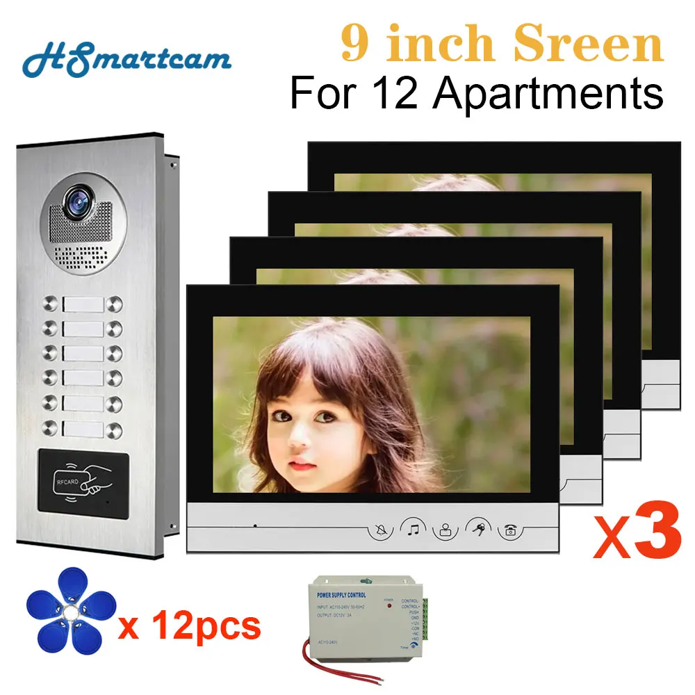 New 9 inch 8/10/12 Apartment/Family Video Door Phone Intercom System RFID Camera Doorbell Night Vision Camera Apartment /Homes