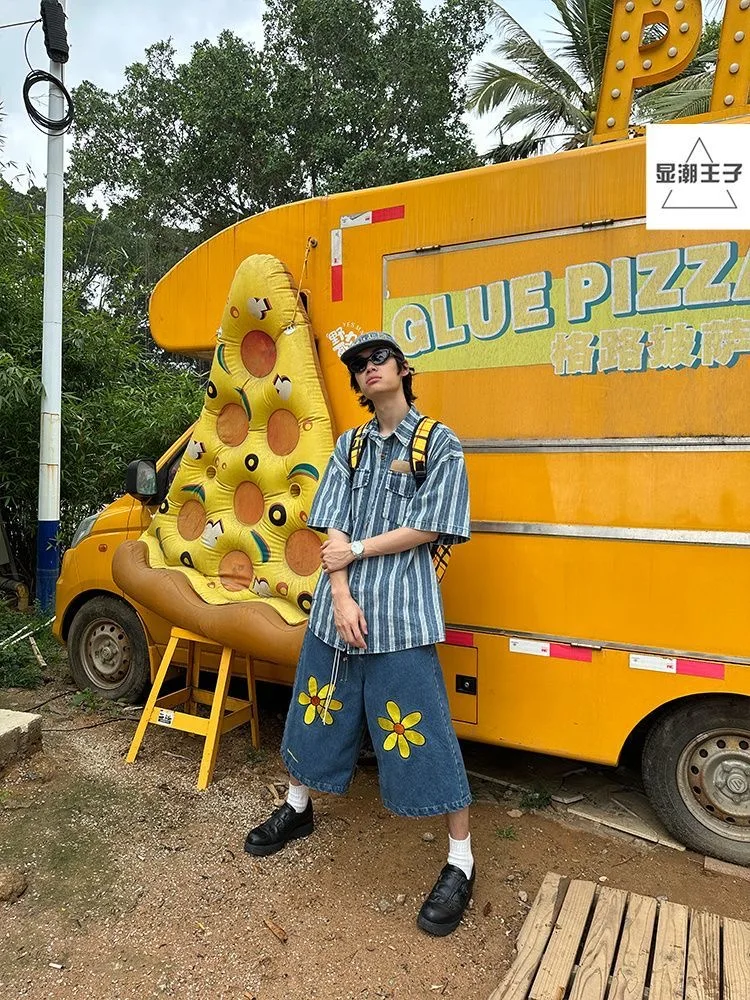 مدينة بوي شيك العصرية الدنيم السراويل خمر الأزهار طباعة Capris مثير الشارع الشهير الصيف السراويل الأزرق السفر الأزواج للجنسين السراويل