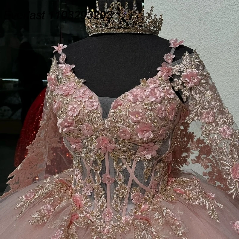 إيفلاست الوردي Quinceanera ثوب الكرة مع الرأس ، 3D الزهور الدانتيل زين ، طويلة الأكمام ، الحلو 16 ، tqd282