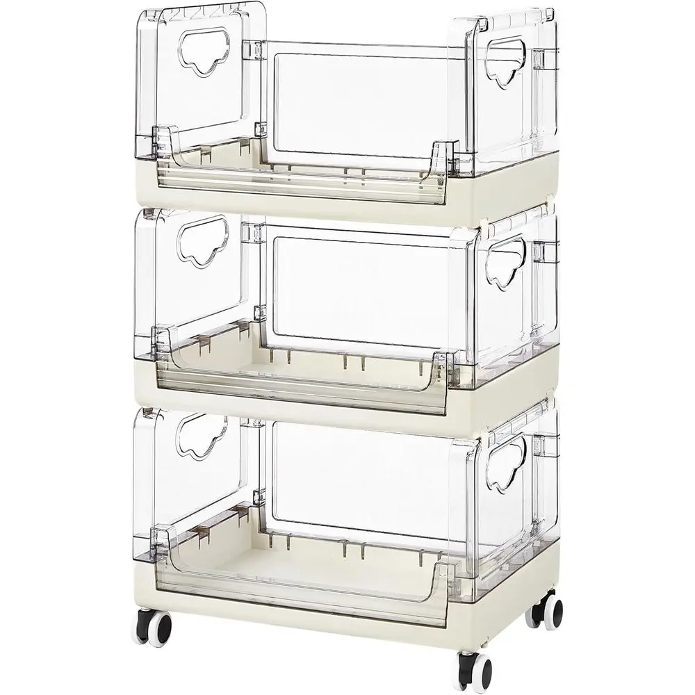 

3-Tier ruit and Vegetable Basket, Stackable Kitchen Storage Organization with Wheels, Plastic Rolling Cart with Handles, Wide Op