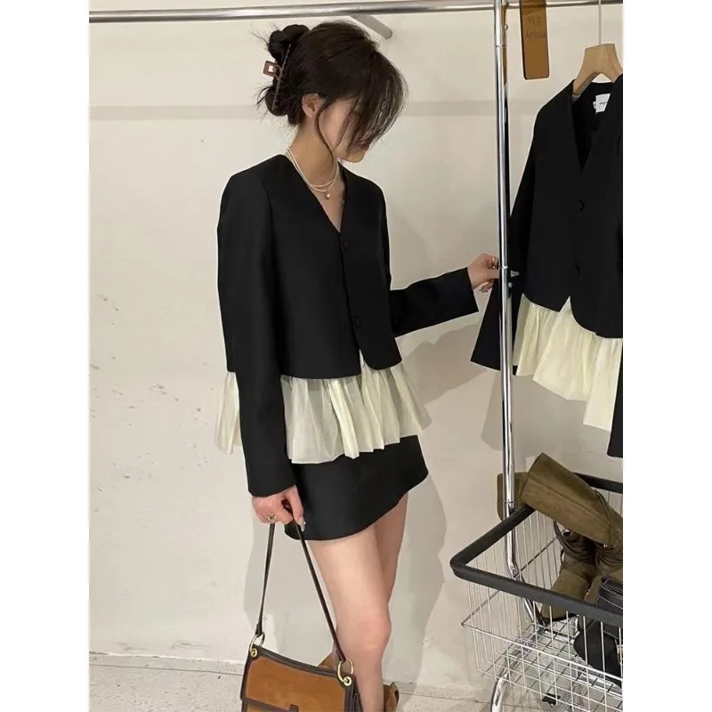 Autumn Women's New Retro Ladylike Suit V-neck Splicing Fake Two-piece Long-sleeved Jacket