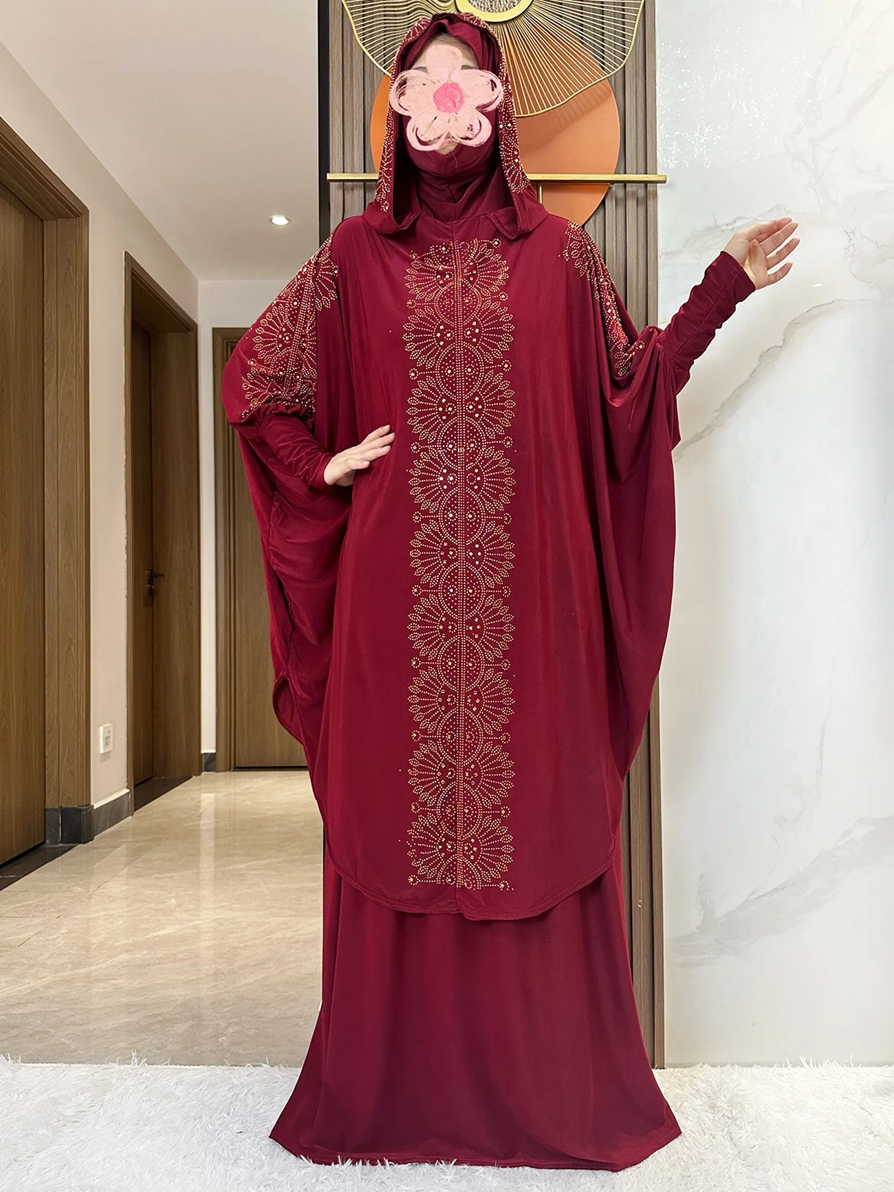 2025 New Ramadan Two Pieces Set Solid Stones Muslim Abaya Set Women Prayer Garment Dress Hijab Long Khimar Skirt Sets Islamic