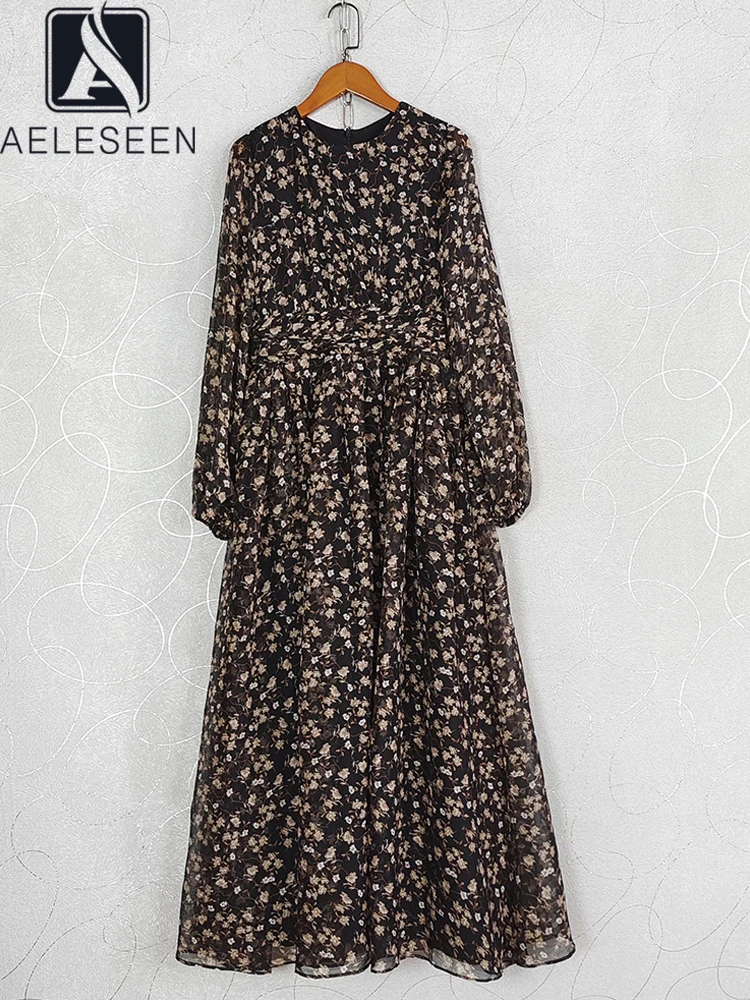 

AELESEEN Vintage Long Black Dress Spring Autumn Lantern Sleeve Flower Print High Waist Drapped Elegant Long Party Holiday