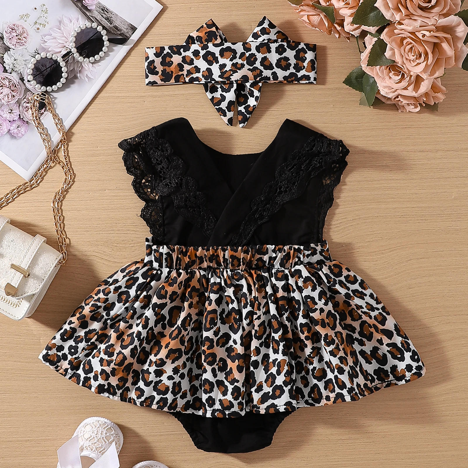 Newborn Summer O-Neck Black & White Lace Flutter Sleeves Cow Pattern Skirt Dress Jumpsuit Romper + Headwear