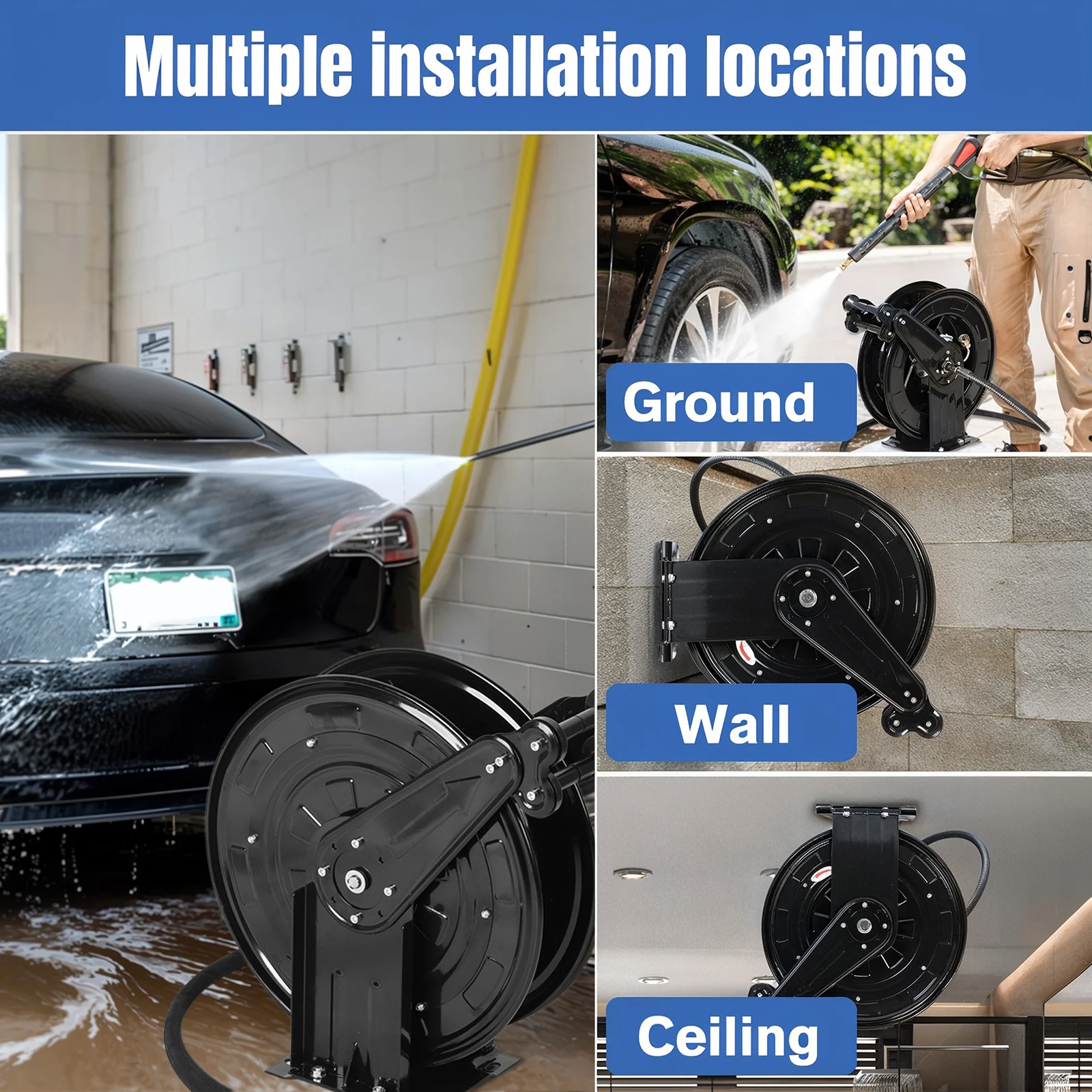 

Pressure Washer Hose Reel Retractable Power Wash Hose Reel Auto Rewind Heavy Duty Hose Reel for Air/Oil/Water 4000 PSI