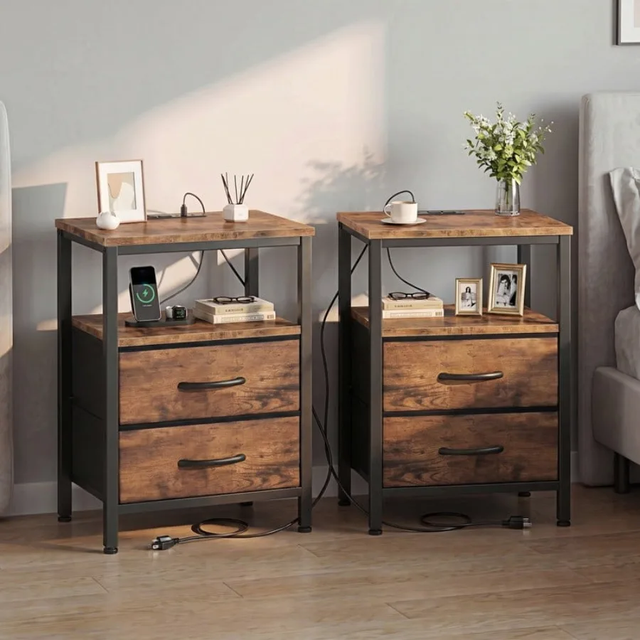 

2PCS Nightstand with 2 Fabric Drawers Charging Station USB TypeC Outlets Small Bedside Table with Open Storage Shelf Rustic Bro
