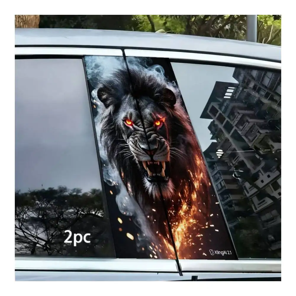 Black Raging Lion Red Eyes Flame Car B Pillar Stickers Decals Universal S