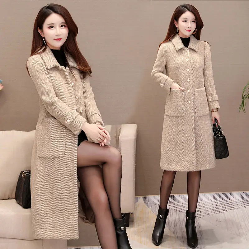 Women New Korean Slim Mink Fur Thick Warm Coat 2022Winter Tweed Pie Overcoming Fur One Coat Female Mid-length Woolen Jacket A815