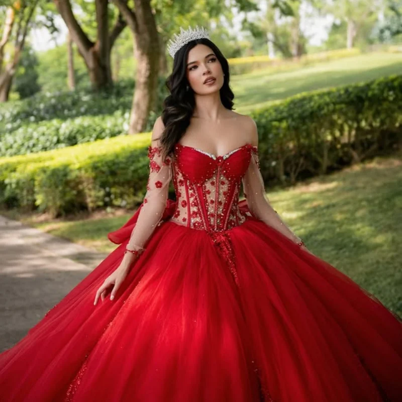 

Customized Red Quinceanera Dresses Off the Shoulder crystal decal Lace Tull Bow layering Long tail Vestido 15 Quinceanera