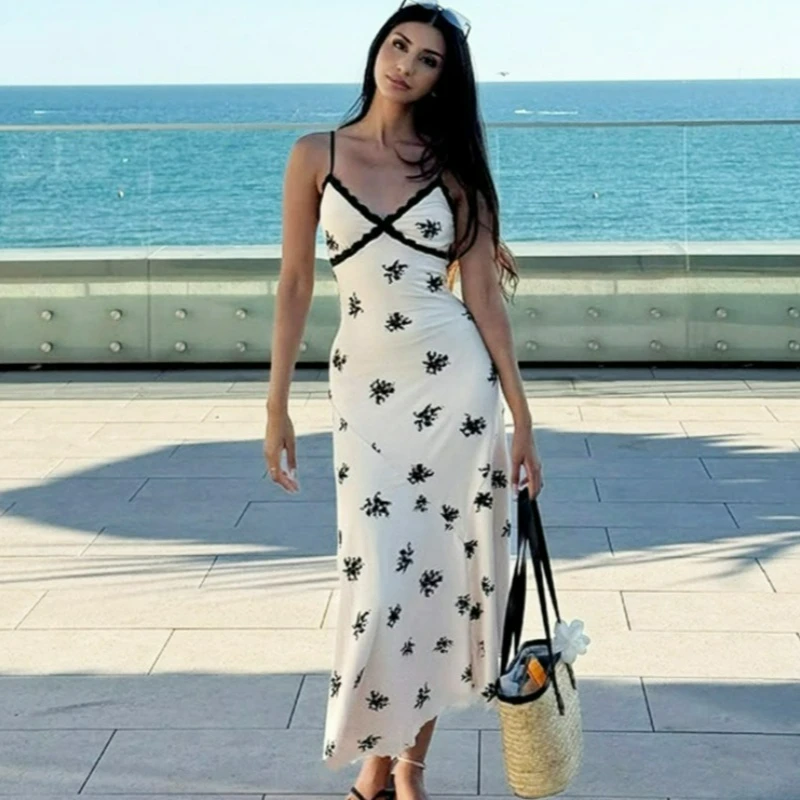 

Ticketsx Sexy Printed Patchwork Dress Women's V-Neck Lace Sleeveless Slim Sling Dress Fashion New Backless Vacation Long Dresses