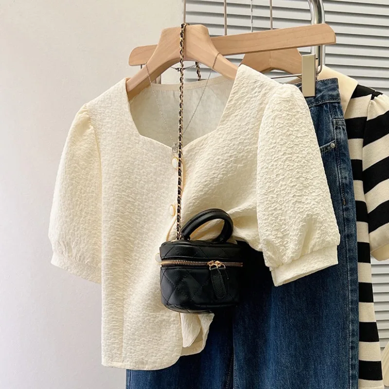 

Лето 2023, женский открытый кардиган с квадратным воротником ort Sve Bubble Sve, шифоновый и длина Sli ort, повседневный свободный крой