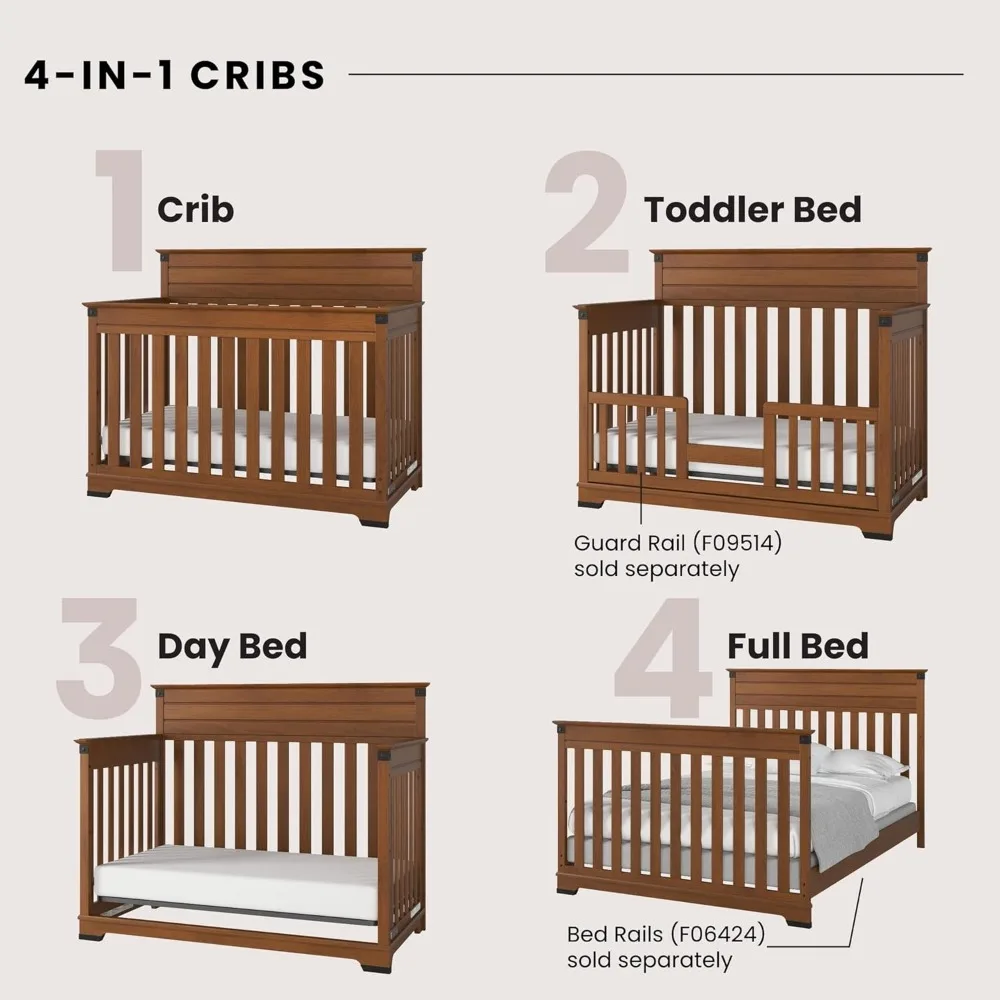 Berço conversível 4 em 1 Redmond, berço de bebê converte para a cama do dia, cama de criança e cama de tamanho completo, 3 posições de colchão ajustáveis