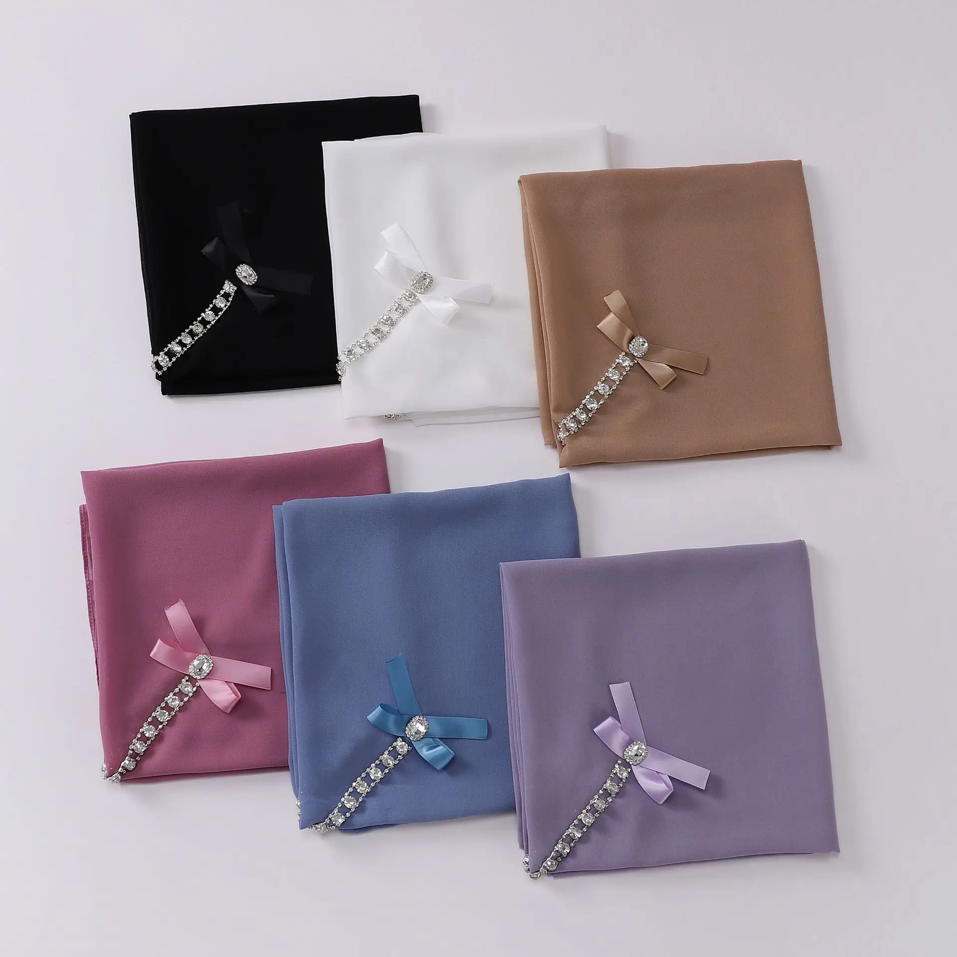 2025 New Women Chiffon Scarf Diamonds Bow Square Neck Shawls Lady Hair Band Headband Kerchief Bandanas Turbante Mujer 90*90cm