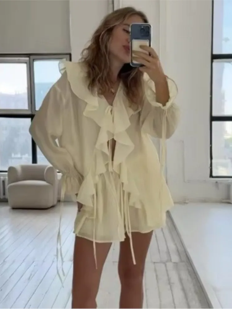 

New Casual Shorts Two-piece Set For Women Ruffled Loose Lace-up Top Simple Shorts Suit Office Ladies Summer Women's Shorts Suit