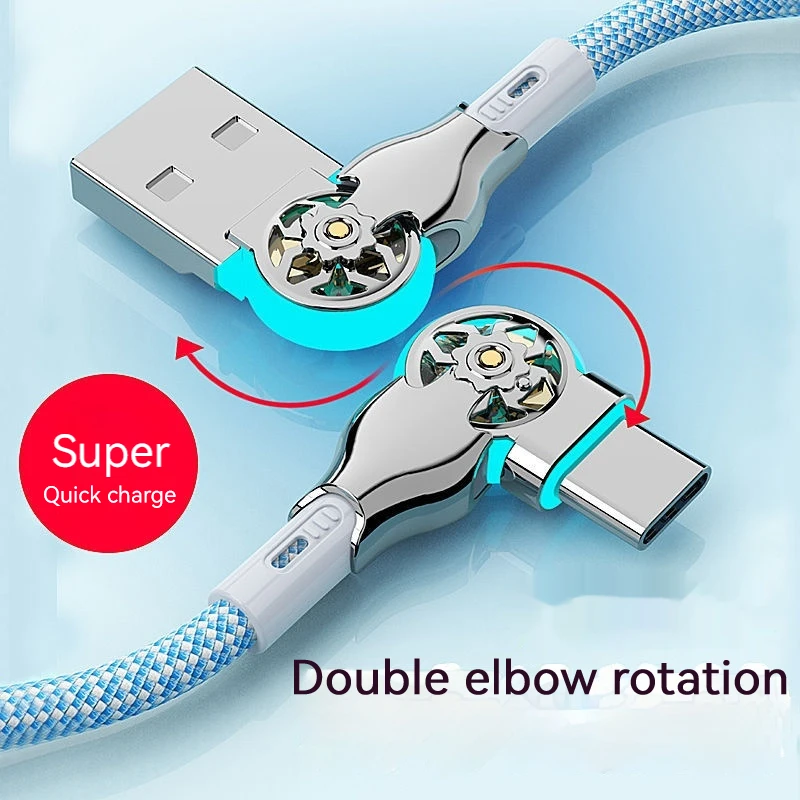 USB Tipo-C Duplo Cotovelo Giratório, Luz Nylon Trançado Extensão, Mech Rápido Carregamento de Dados Cabo, Universal Car