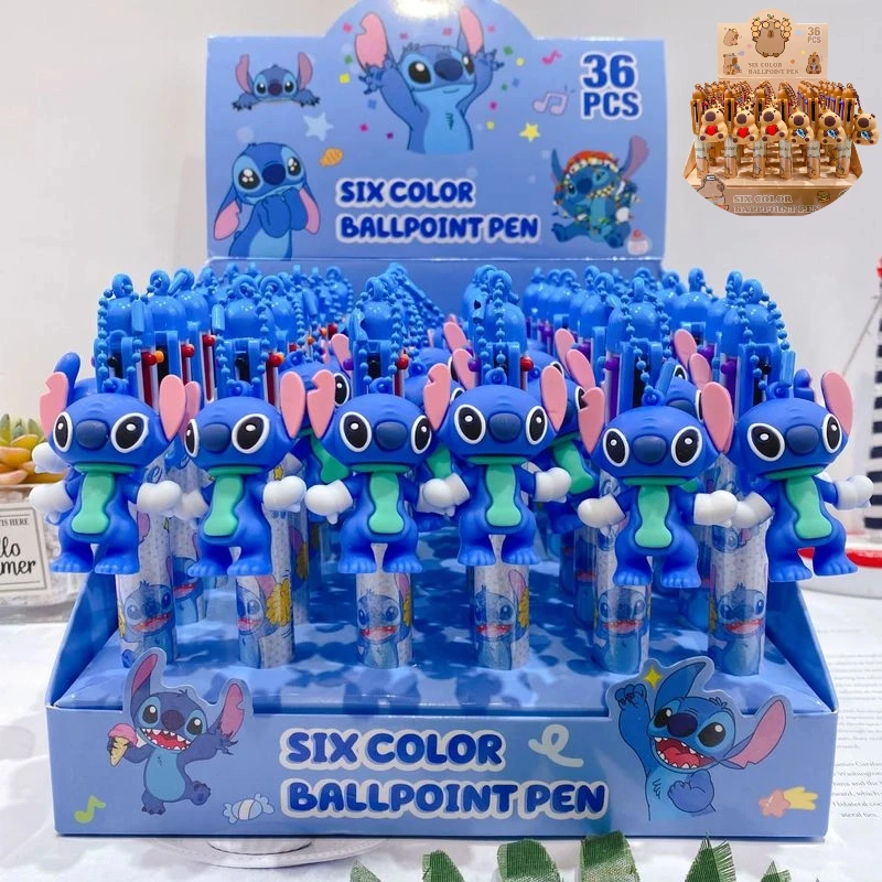 

Stitch 36Pcs Ballpoint Pen Cartoon Set Disney Cute Pendant 0.7Mm Six Color Painting Hand Held Pen Students Learn Stationery