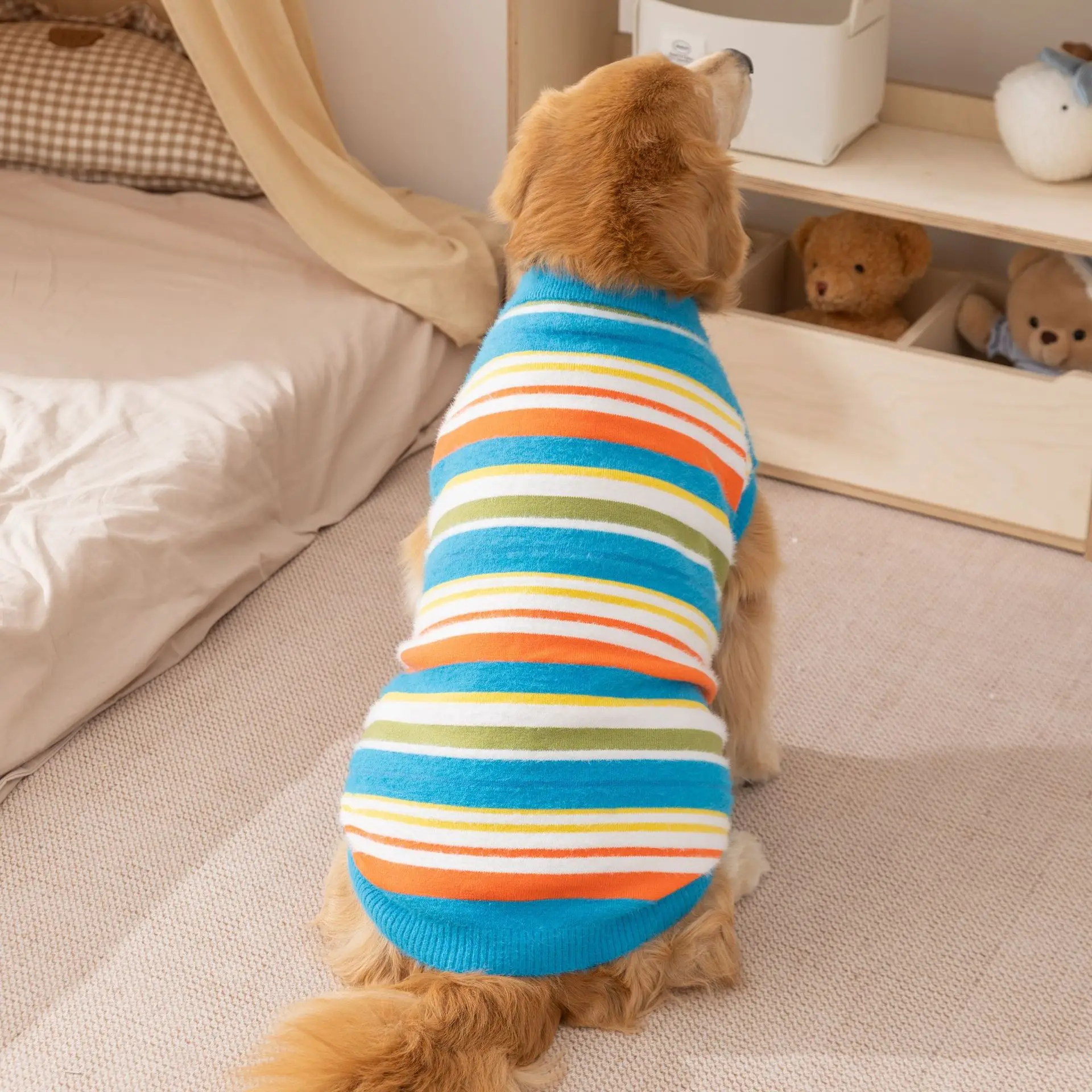 Large Dog Sweater Winter Warm Knit Striped Pullover Sleeveless Two Legs Clothes For Golden Retriever Labrador Husky For Big Dogs