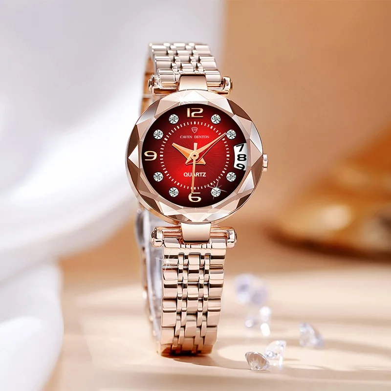 CAVEN DENTON Women's Luxury Stainless Steel Quartz Watch Business Ladies Wristwatch Diamond Dial Calendar Luminous Function