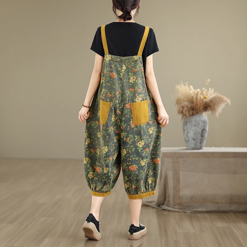 Mode Druck Floral Y2K Denim Overalls Frau Sommer Streetwear Fracht Breite Bein Baggy Hosen Patchwork Mom Jeans Overalls Frauen