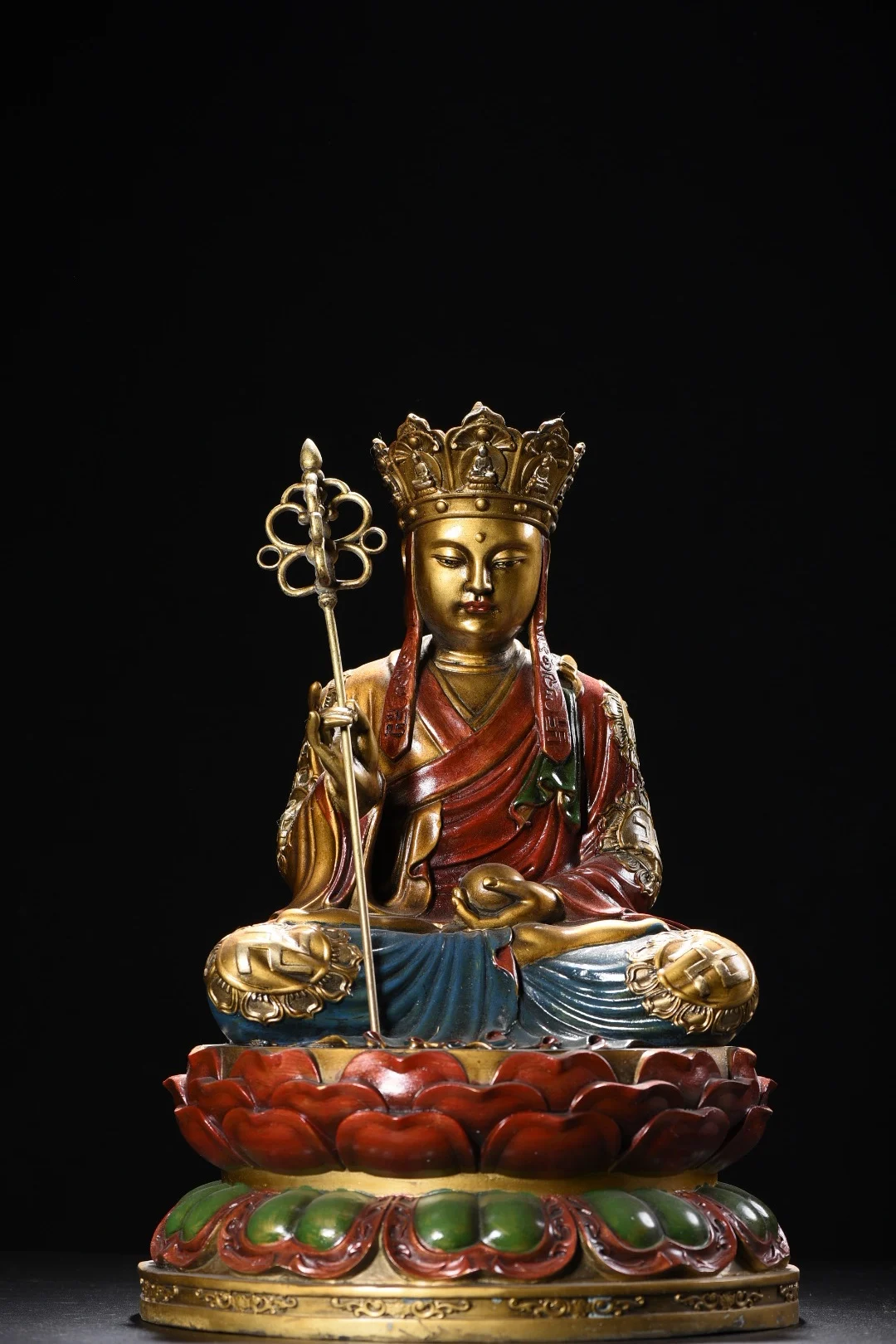 

16"Tibetan Temple Collection Old Bronze Painted Cinnabar Ksitigarbha Bodhisattva Amitabha Buddha Lotus Terrace Worship Hall