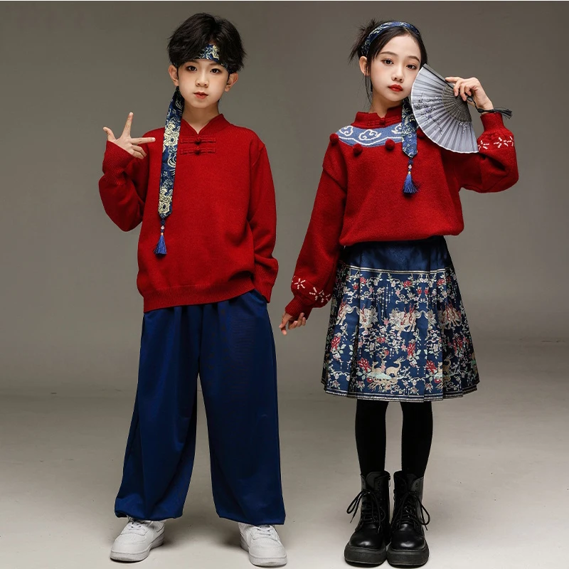 Frühling Festival Childs Jazz Dance Kostüm Für Mädchen Jungen Hip Hop Street Dance Performance Kostüm Chinesischen stil Rot Set XH1896