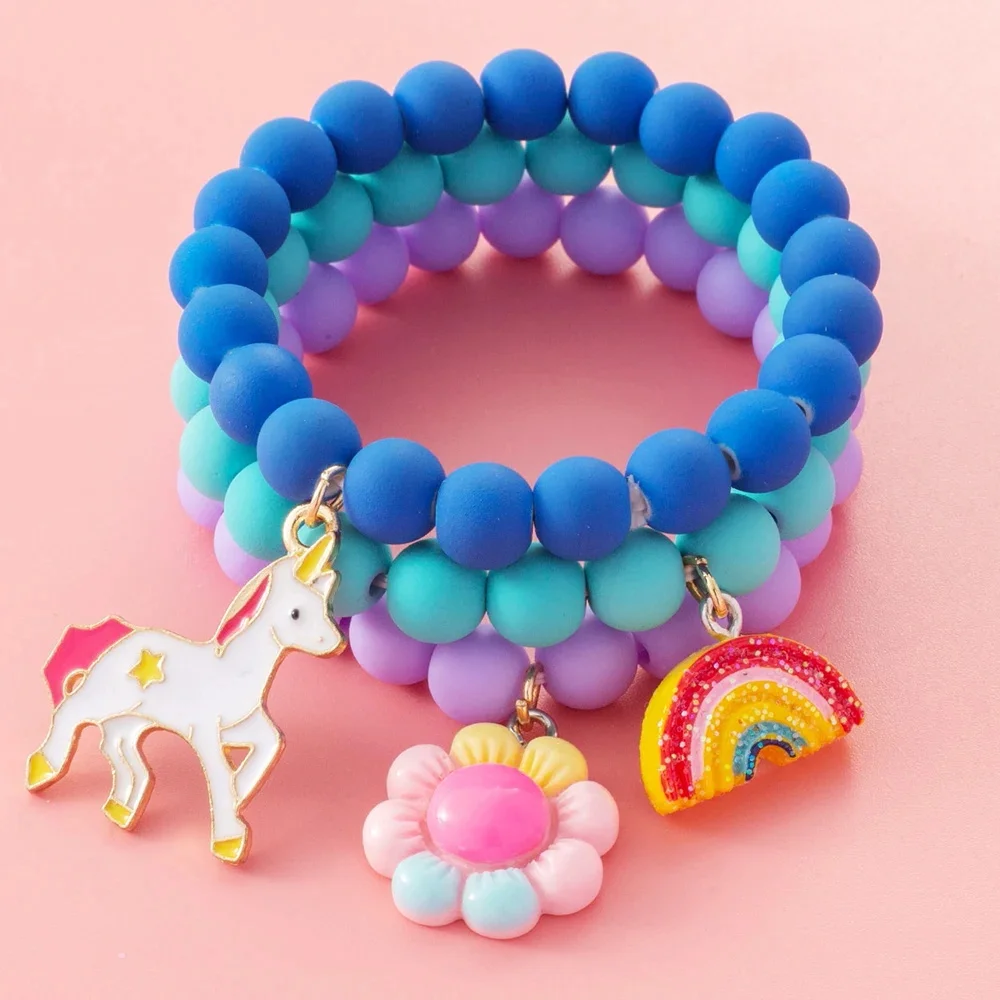 Dopamine Unicorn Rainbow Flower Charm Bracelet For Girls Sweet Multicolor Bead Bracelet 3 PCS Colorful Cute Bracelet Sets