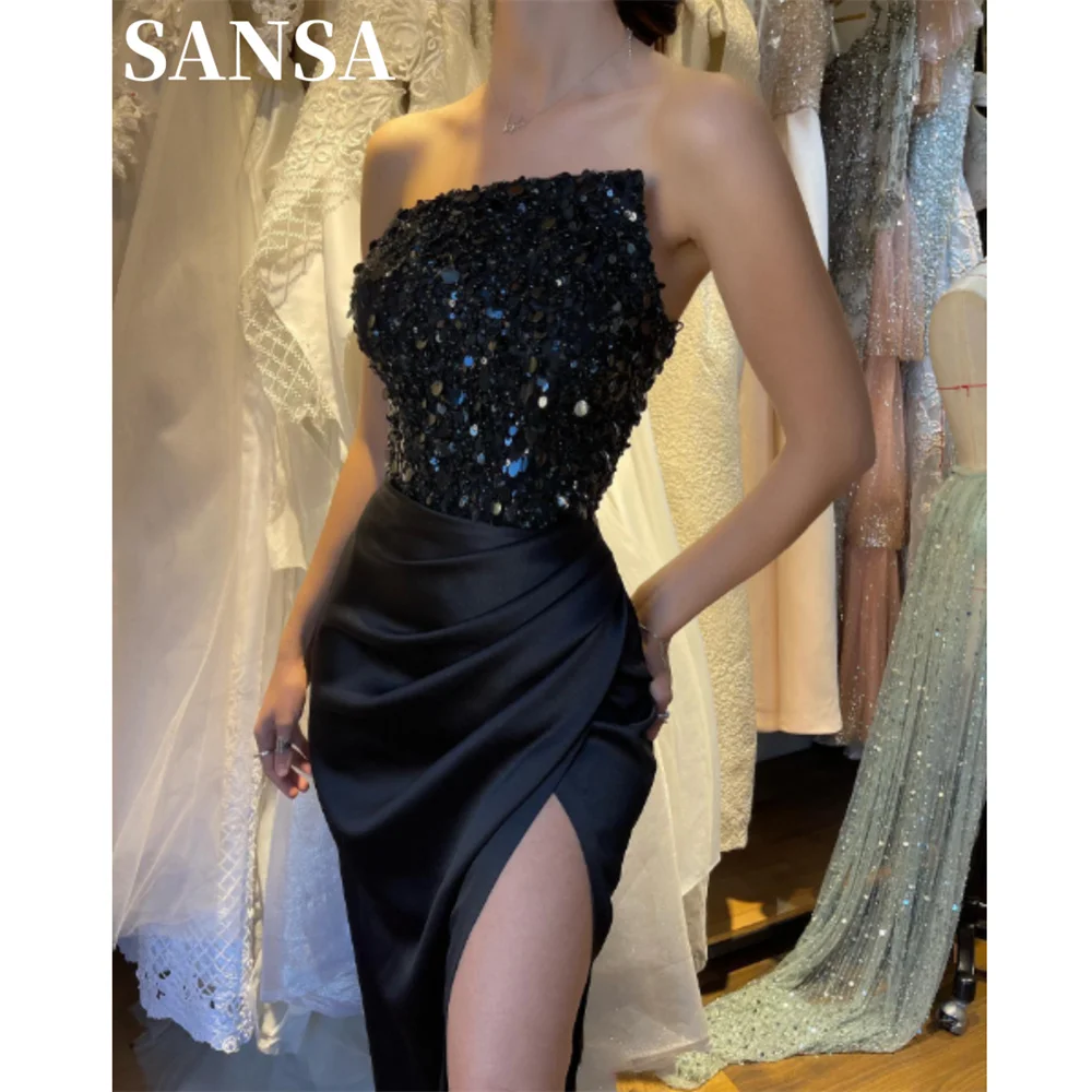 

Sansa Black Shiny Sequins Prom Dress 2024 Fish Tail Sleeveless Satin vestidos de fiesta Sexy Side High Split فستان حفلات الزفاف