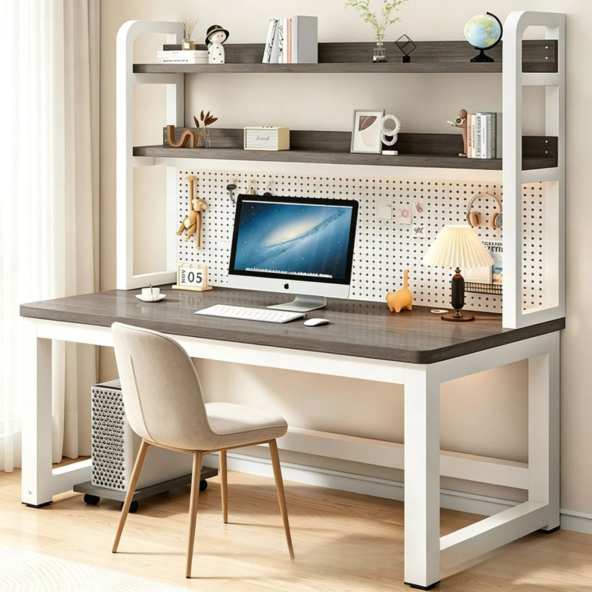 Dark gray wood grain with hole board computer desk multi-layer shelf anti-skid mute