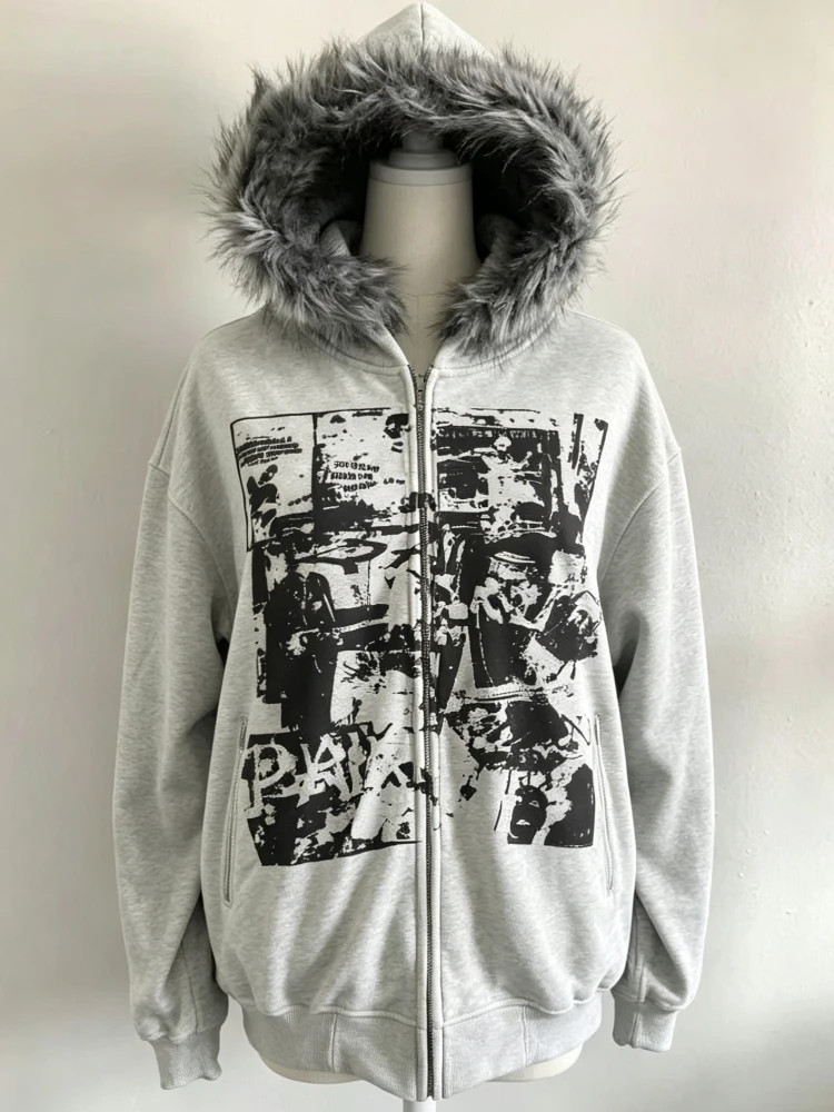 Y2K Streetwear Women Long Sleeve Hooded Coat Cat Ears Faux Fur Punk Jacket Retro Skulls Print Harajuku Casual Fall Outerwear
