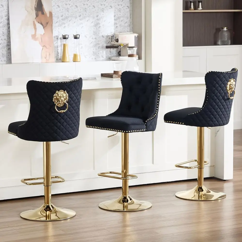 

Barstools Set of 3, Velvet Swivel Bar Height Stools with Lion Pull Ring, Upholstered Counter Height Stools with High Tufted Back