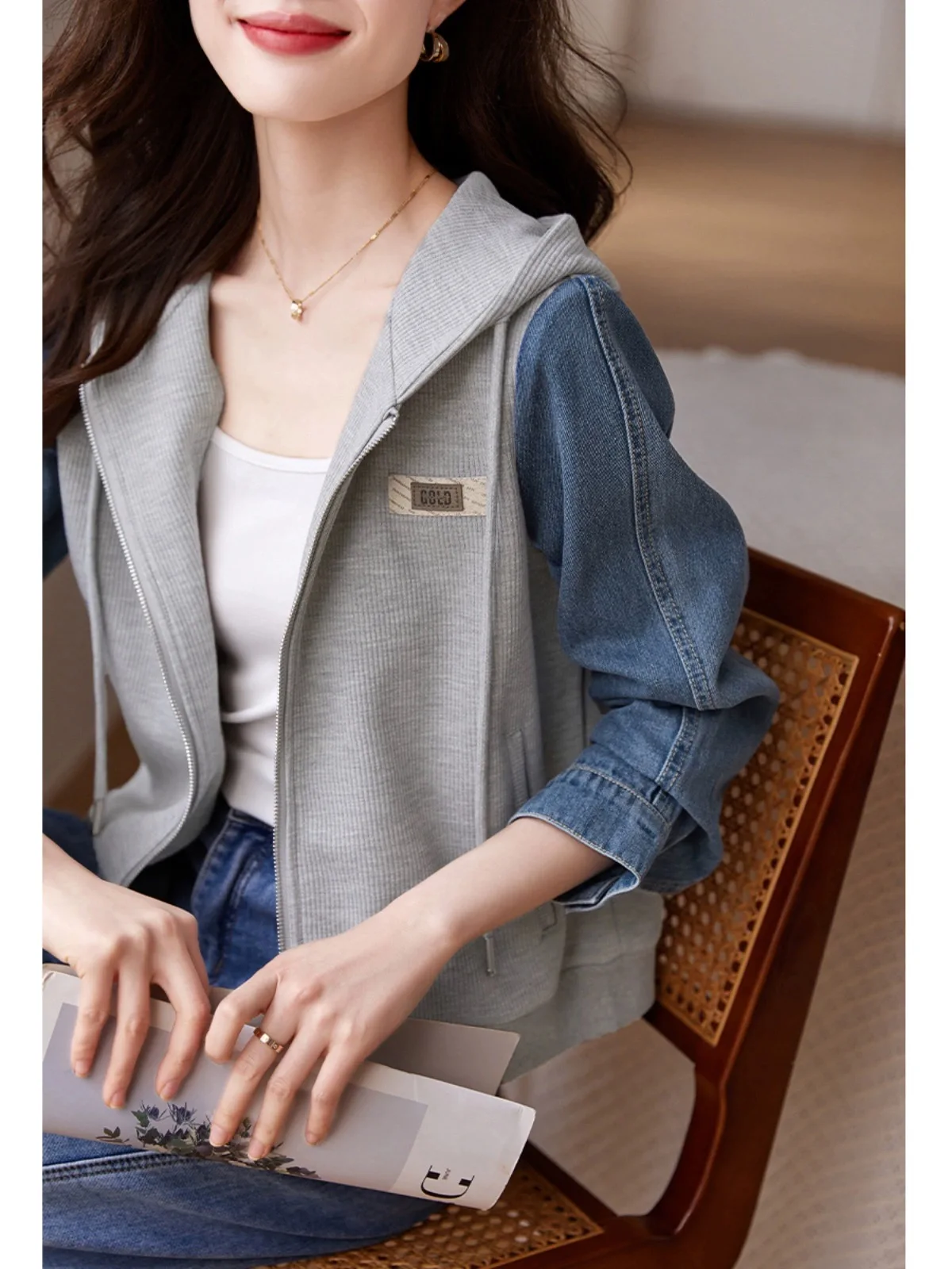 ملابس خارجية غير رسمية من قماش الدنيم بقلنسوة Jaet Dstring ملابس خارجية متعددة الاستخدامات من ألياف البوليستر عالية الجودة طويلة Sve V-ne Commute Sle