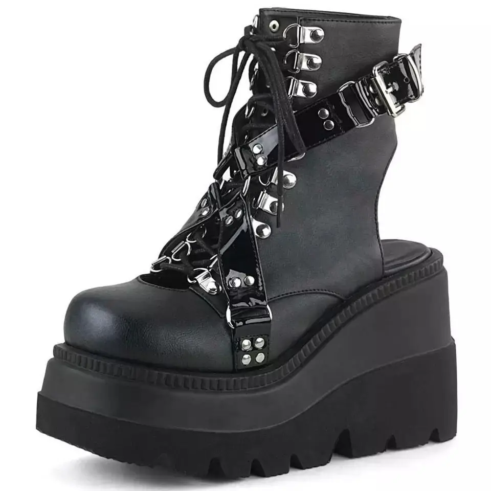 

Gothic Dark Style Women's Sandals High Heel Thick Bottom Booties Fashionable PU Material Head Covered Spring Season