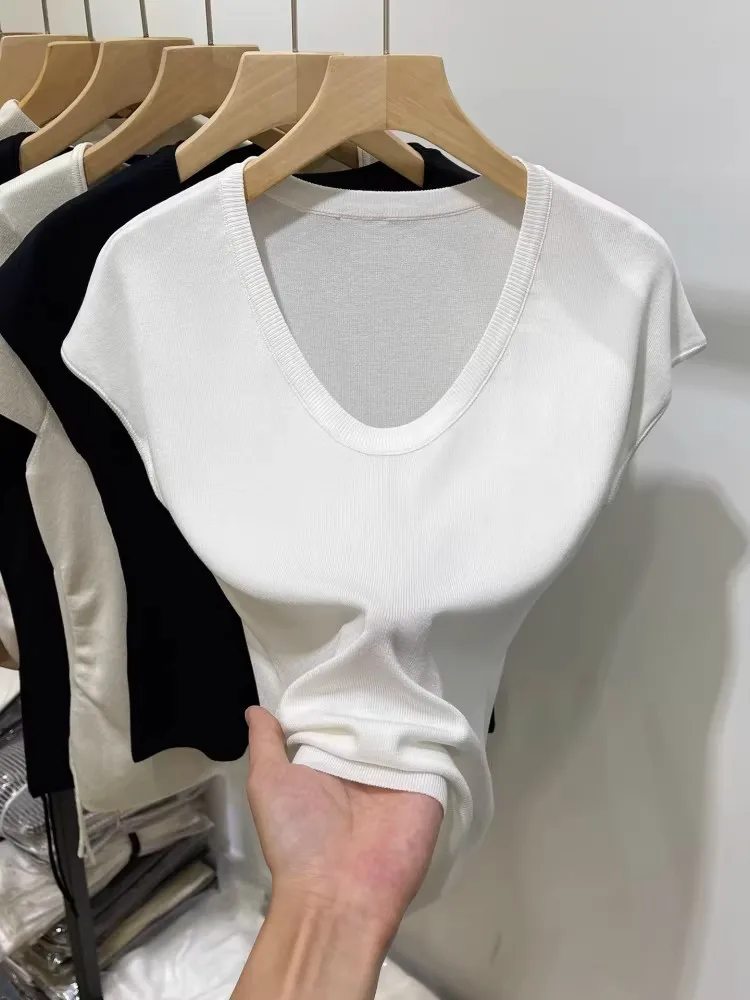 Trendy Solid Color Versatile Tee 2026 Summer U-Neck Knit Women's T-Shirt Slim Fit Cap Sleeve Casual Top