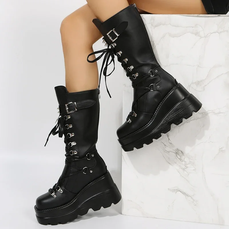 Women's Goth Platform Motorcycle Boots Punk Rivet Buckle Strap Combat Booties for Women Thick Bottom Wedge Heels Mid Calf Boots