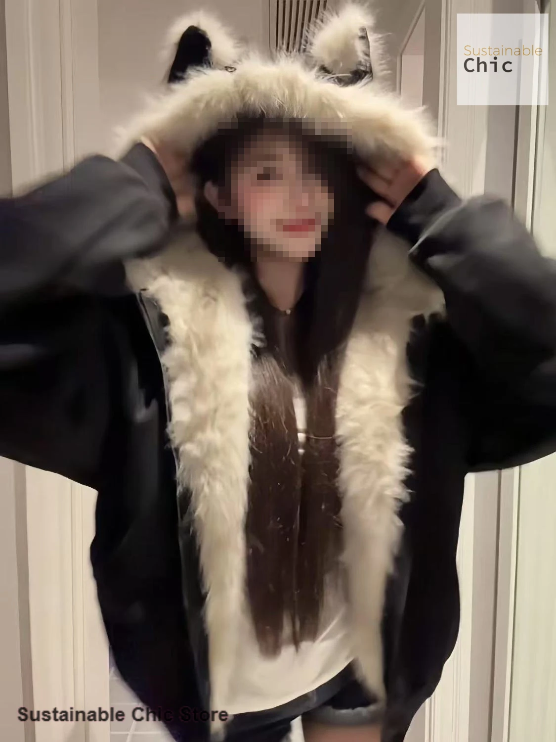 French black new fur collar clip cotton mountain carving cat ear coat women's autumn and winter new fashion padded cotton coat.