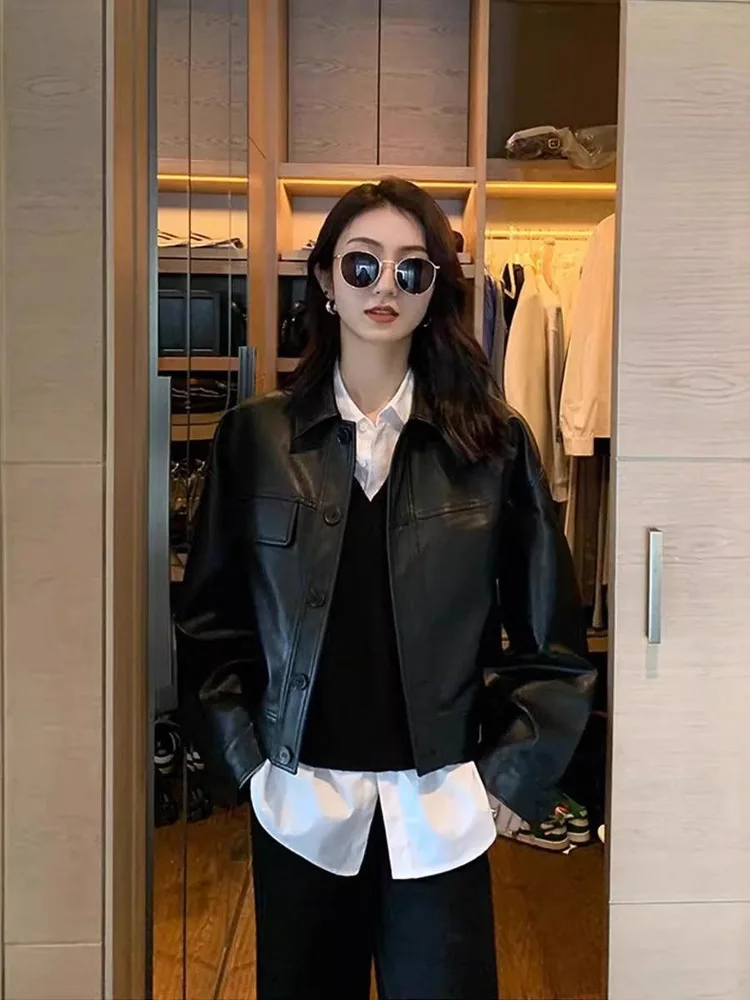 Bla ort PU Leather Jaet Women's Spring Autumn Cool Sle Biker Jaet Korean Version Small Size Faionable Top