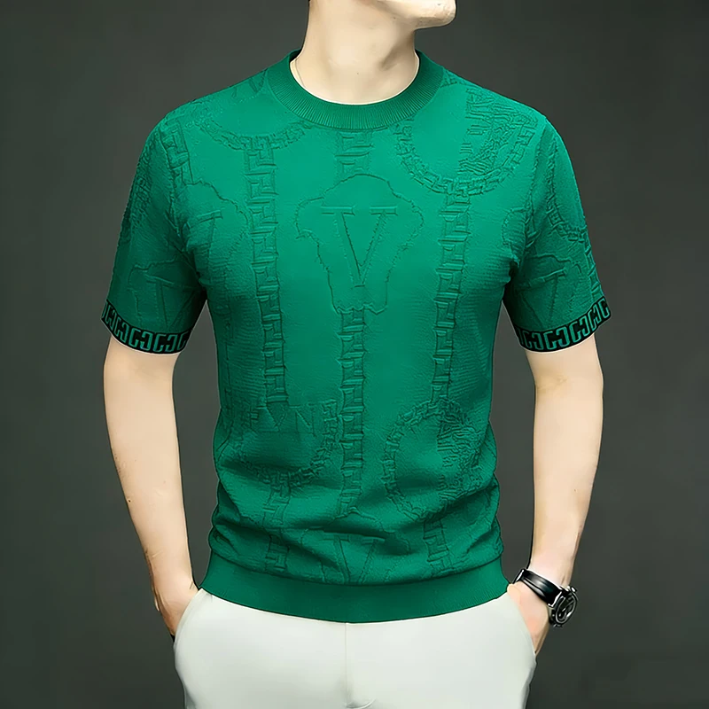 Stretchy Jacquard Knitted T Shirt For Men Short Sleeved All Match Summer Quality Soft Comfortable Brand Tees Camisetas De Hombre